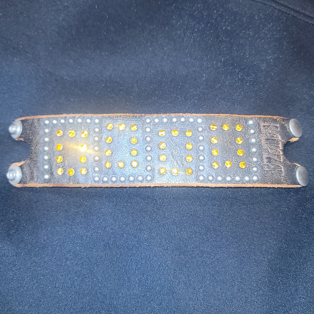 RARE BALTAZAR Brown Leather Suede STUDDED AMBER RHINESTONE Cuff Bracelet
